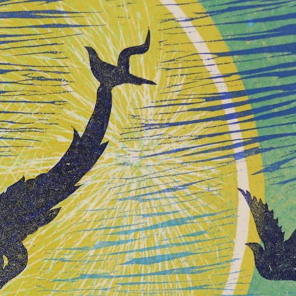 Alternate image for Signed Woodcut Print of Birds on a Thai Temple Roof Under the Moonlight