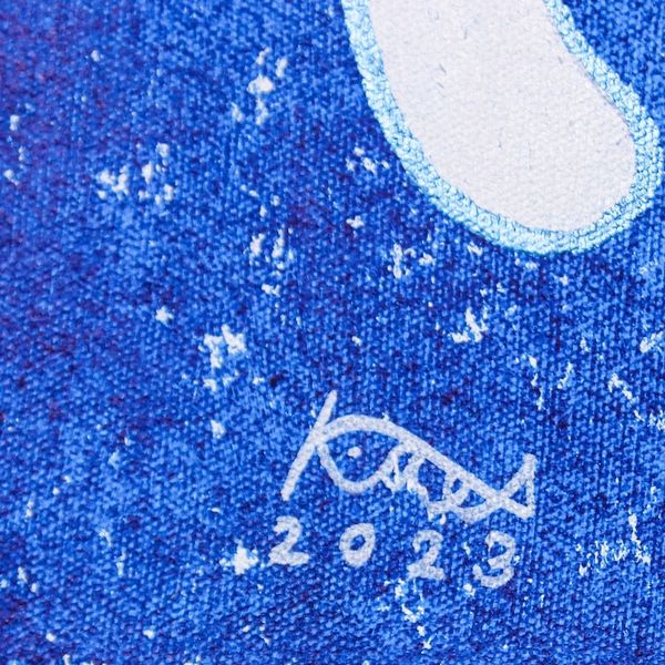 Alternate image for Whimsical Cat-Themed Acrylic Painting in Blue and White Blue Cat with Friends