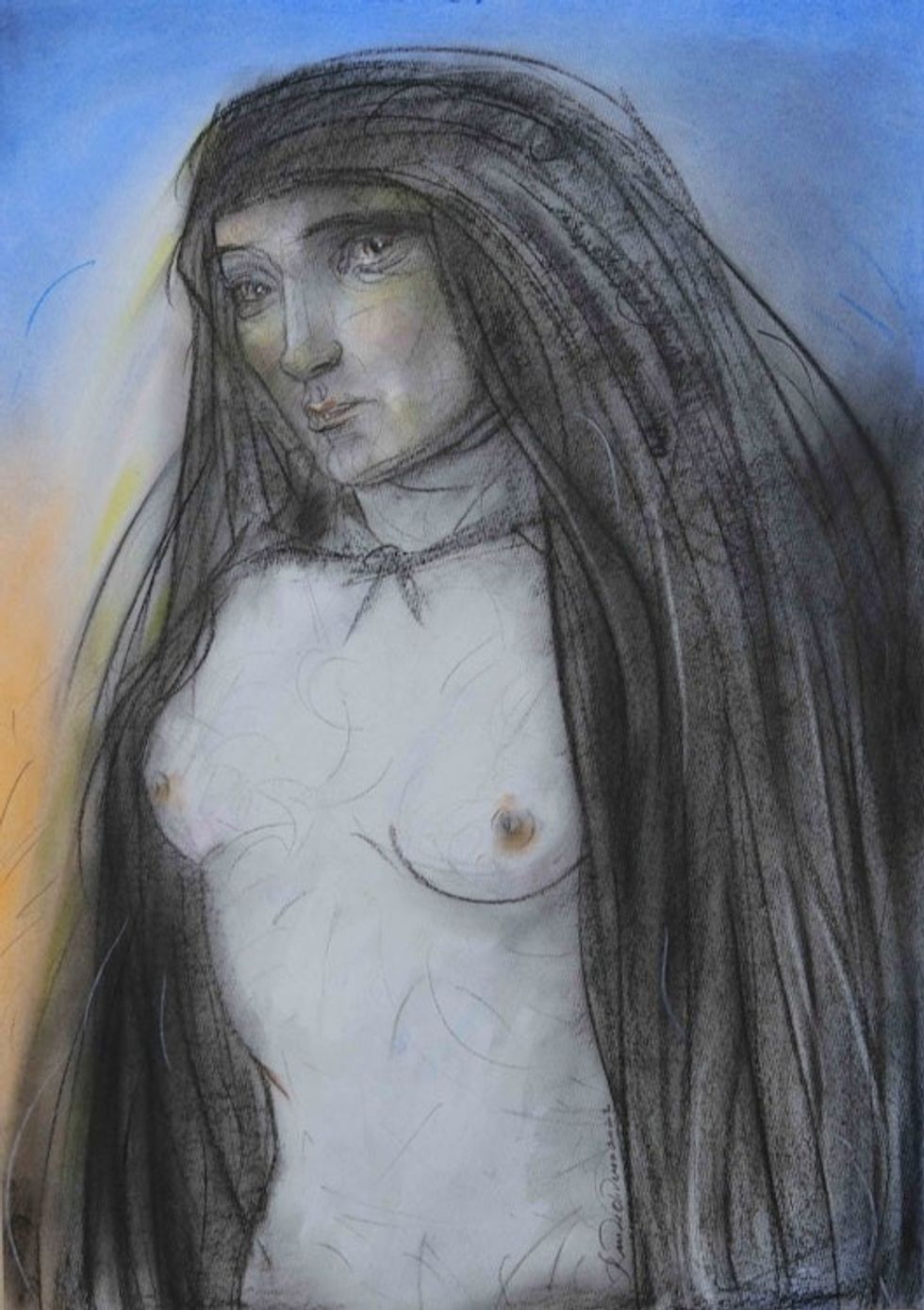 Signed Graphite Drawing of Nude Woman in Grey and Blue Hues 'Seduction'