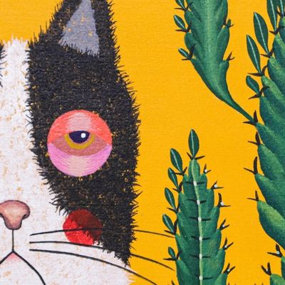 Alternate image for Naif Painting of Cat and Cactus with Yellow Background Bored Cat and Cactus