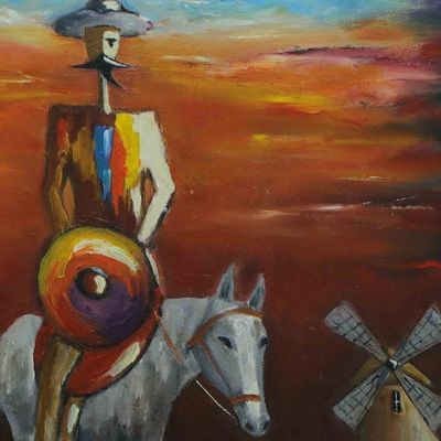 Alternate image for Oil on Canvas Naif Painting of Don Quixote and Sancho Panza Don Quixote in Blue and Red