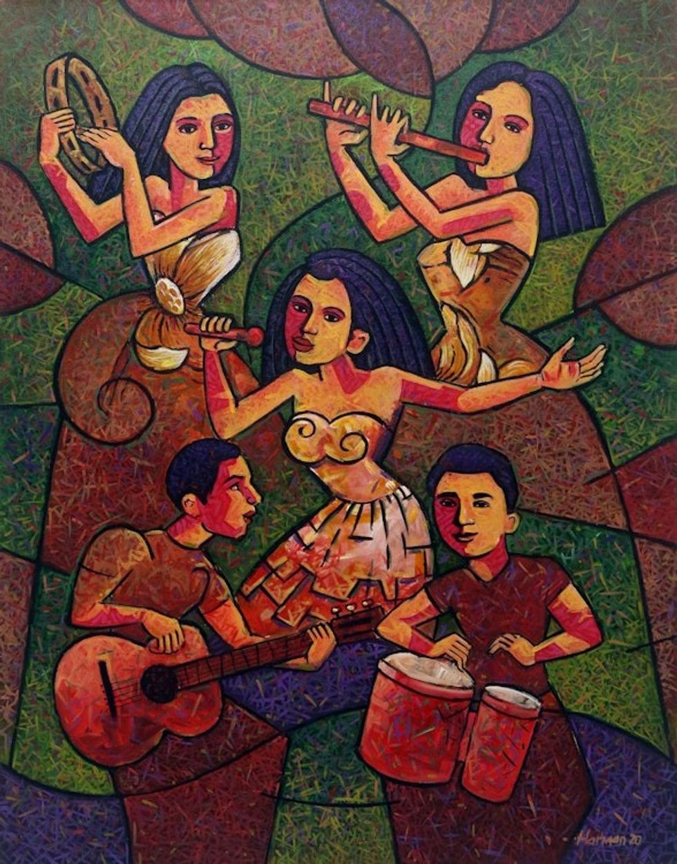 Expressionist Painting of Maya Musicians in Bright Colors 'Melayu Music'