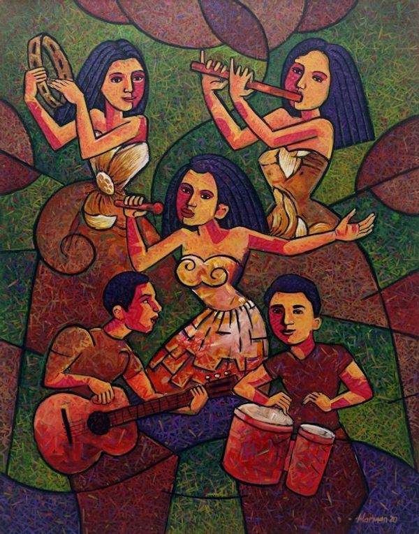 Alternate image for Expressionist Painting of Maya Musicians in Bright Colors Melayu Music
