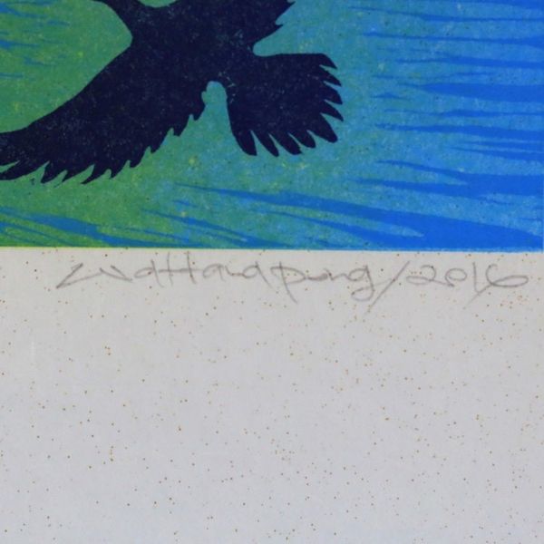 Alternate image for Signed Woodcut Print of Birds on a Thai Temple Roof Under the Moonlight