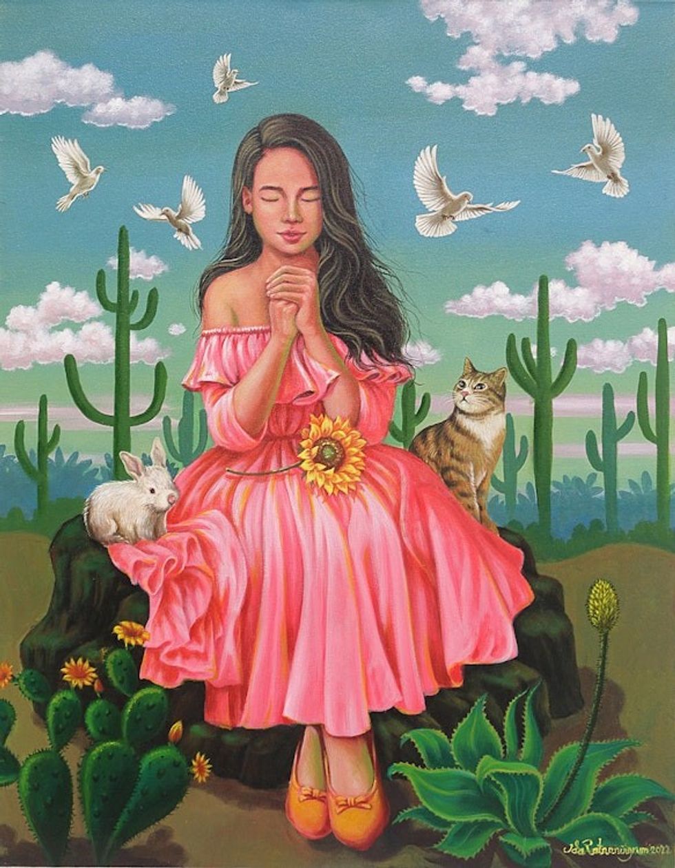 Peace Painting of Girl in the Desert from Bali Indonesia 'Pray for Peace'