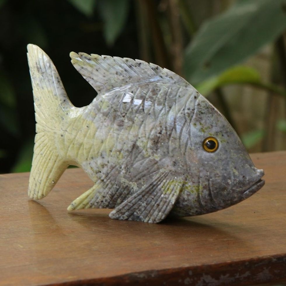 Artisan Hand Carved Dolomite Fish Sculpture from Brazil 'Contented Fish'