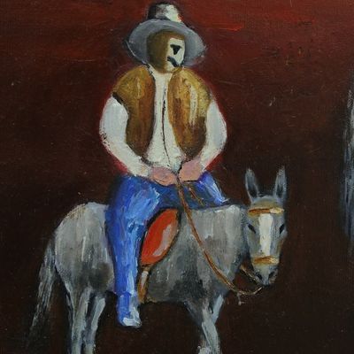 Alternate image for Oil on Canvas Naif Painting of Don Quixote and Sancho Panza Don Quixote in Blue and Red