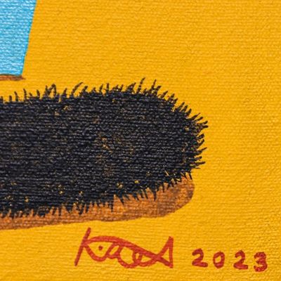 Alternate image for Naif Painting of Cat and Cactus with Yellow Background Bored Cat and Cactus