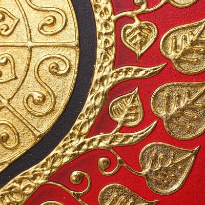 Alternate image for Thai Folk Art Acrylic  Foil Painting with Bodhi Tree Motif Bodhi Leaf in Red