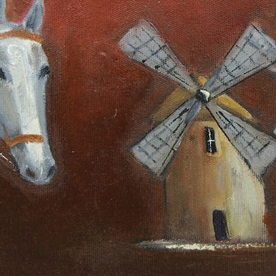 Alternate image for Oil on Canvas Naif Painting of Don Quixote and Sancho Panza Don Quixote in Blue and Red