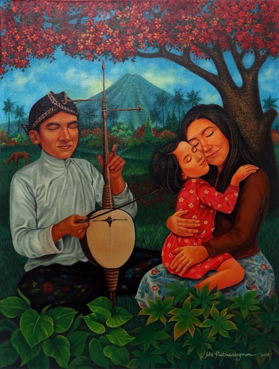 Colorful Painting of a Family at Peace with Nature 'Happy Life'