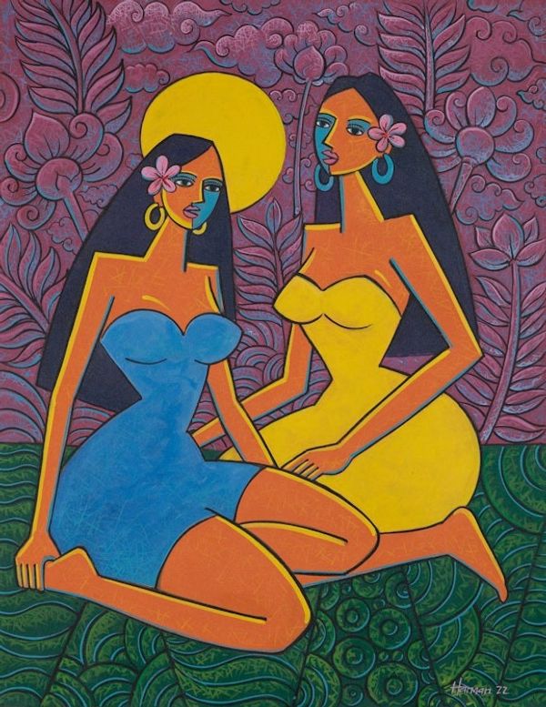 Alternate image for Signed Floral Expressionist and Cubist Acrylic Painting Twin Women