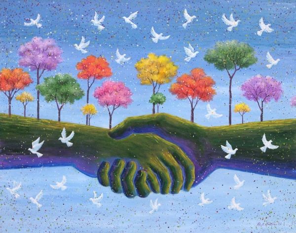 Alternate image for Acrylic on Canvas Peace-Themed Surreal Painting from Java World Peace Shaking Hands