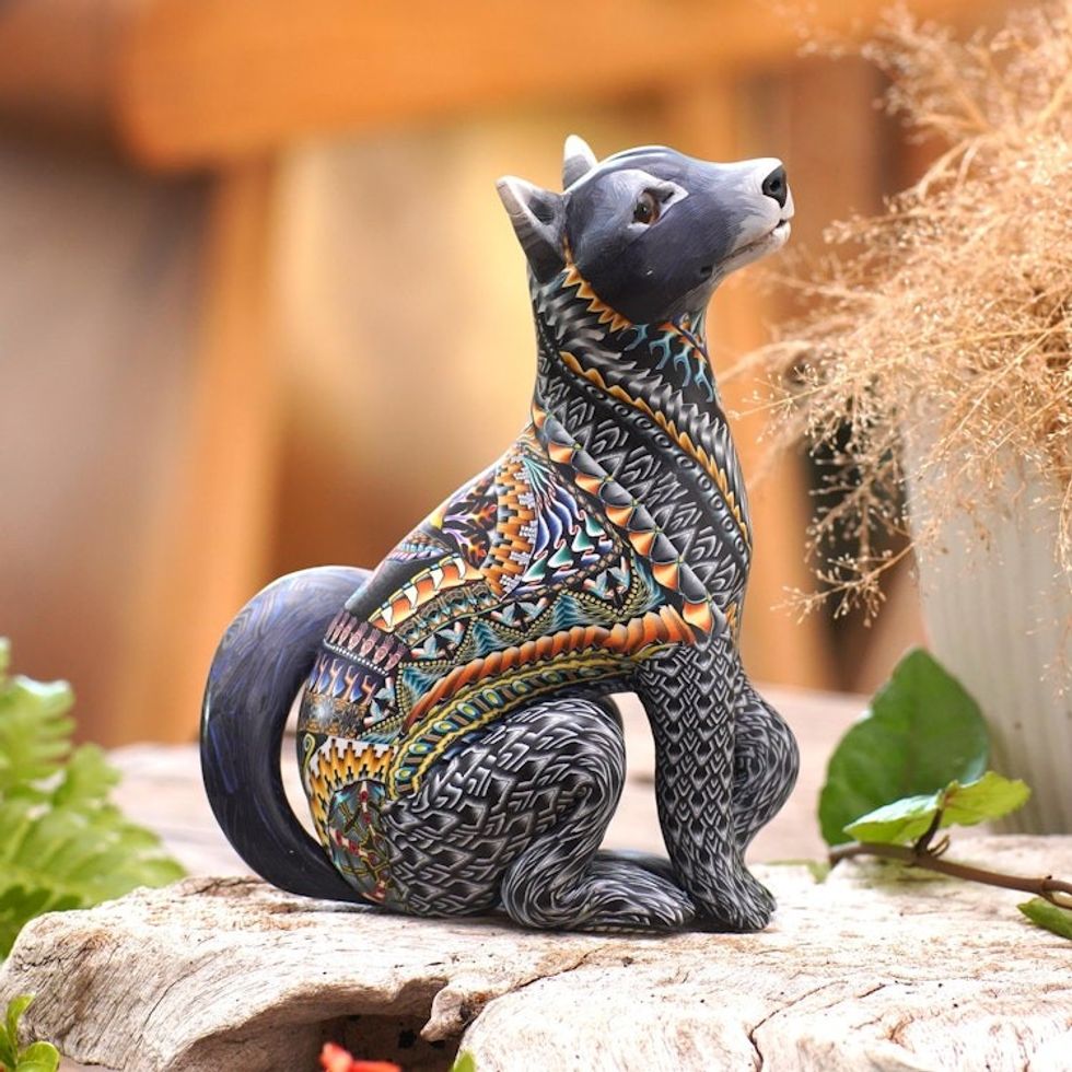 Handcrafted Polymer Clay Wolf Sculpture from Bali 'Vibrant Wolf'