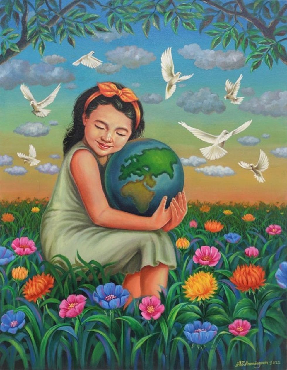 Realist Peace Painting of Girl in Field of Flowers from Bali 'Child's Affection for World'