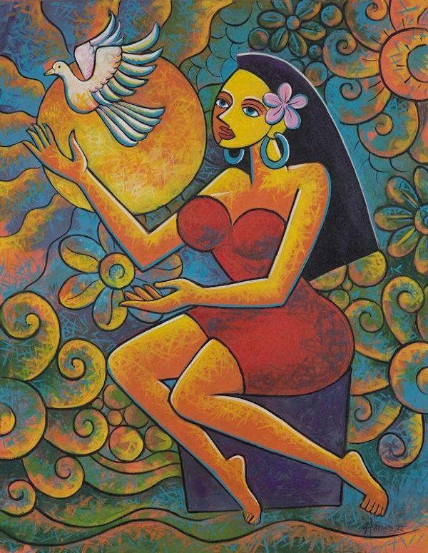 Alternate image for Signed Unstretched Expressionist Acrylic Painting of Woman Niluh Sekarwangi