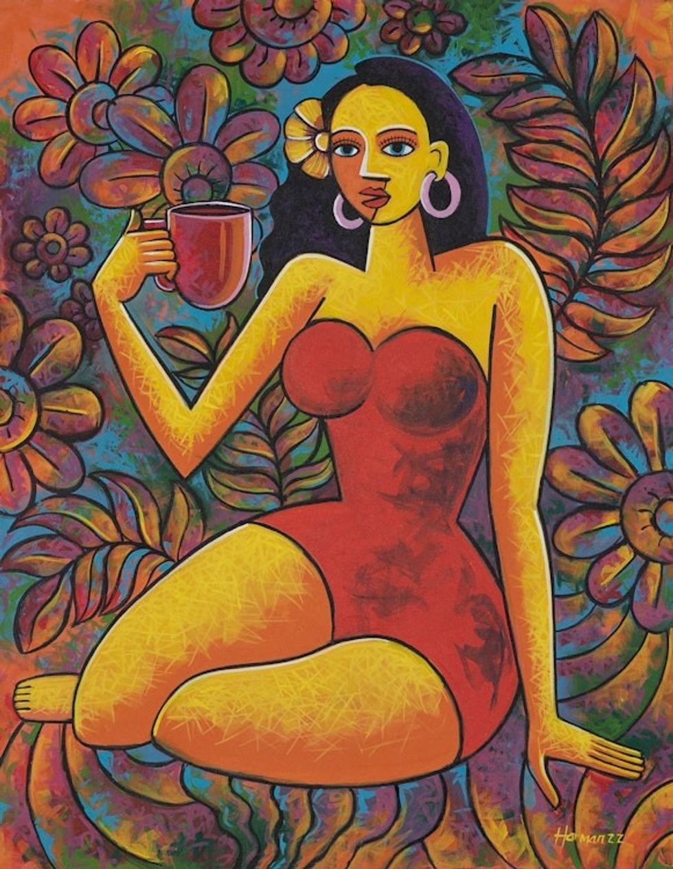 Signed Unstretched Warm-Toned Acrylic Painting from Bali 'Balinese Coffee'