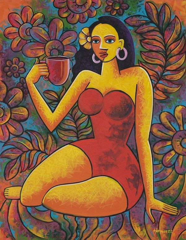 Alternate image for Signed Unstretched Warm-Toned Acrylic Painting from Bali Balinese Coffee