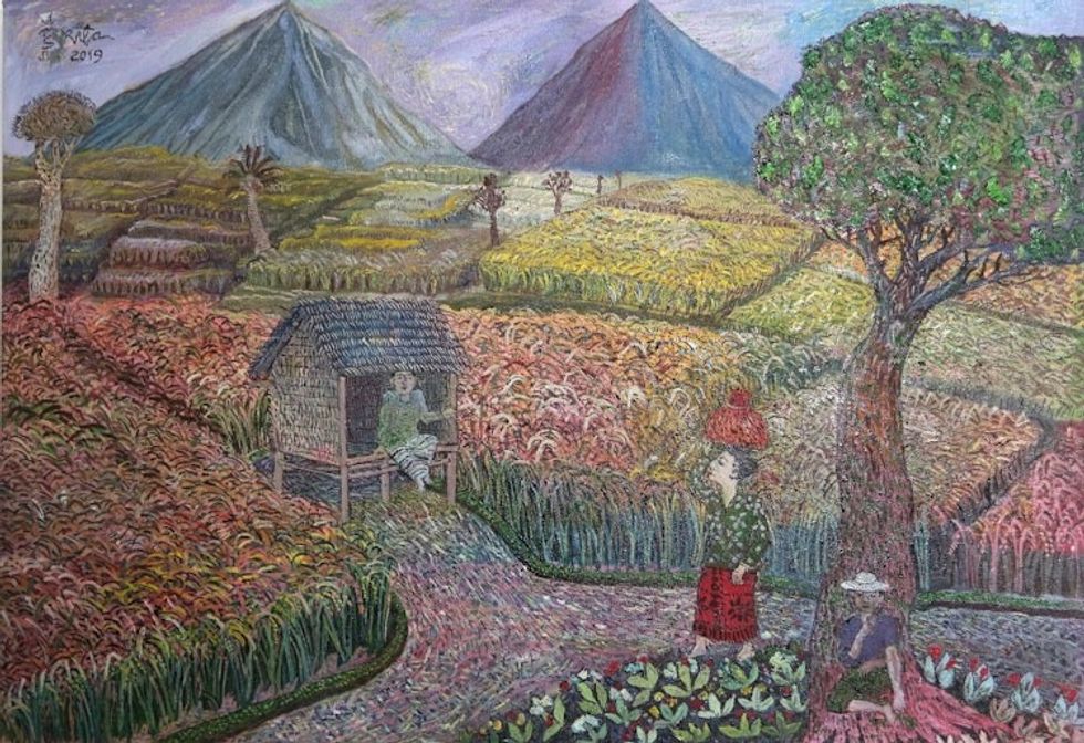 Signed Naif Landscape Painting from Bali 2019 'Harvesting Paddy'