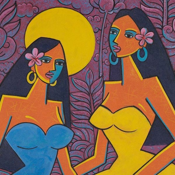 Alternate image for Signed Floral Expressionist and Cubist Acrylic Painting Twin Women