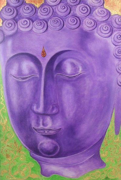 Alternate image for Purple Buddha Painting Signed Thai Fine Arts Buddhist Faith II