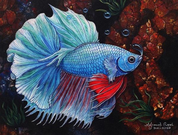 Alternate image for Original Signed Balinese Blue Betta Fish Painting Blue Betta
