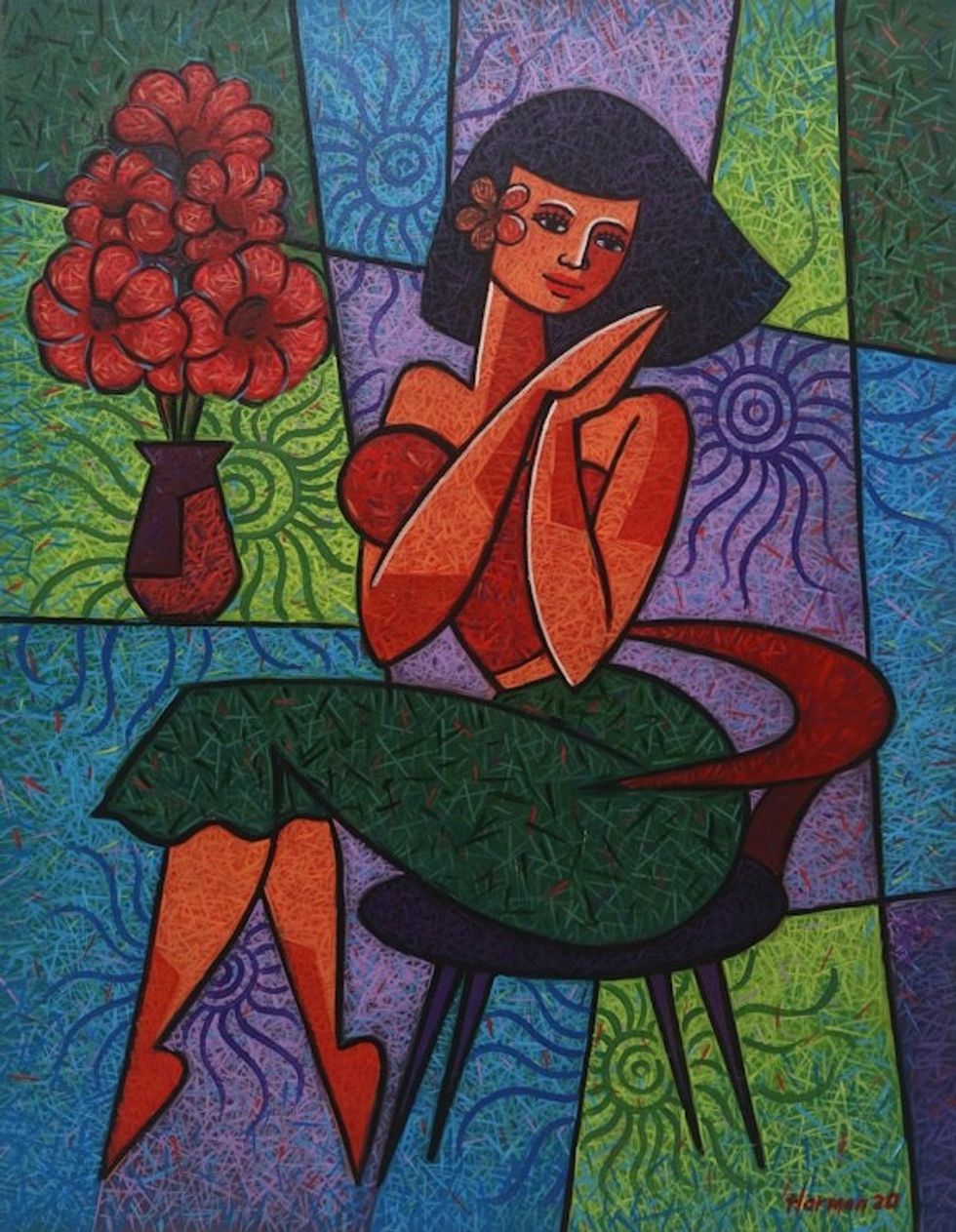 Colorful Modern Painting of a Young Woman from Bali 'Fall in Love'