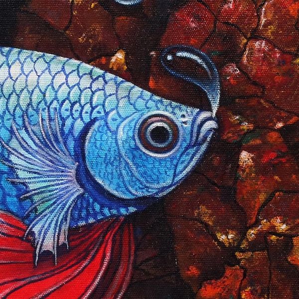 Alternate image for Original Signed Balinese Blue Betta Fish Painting Blue Betta