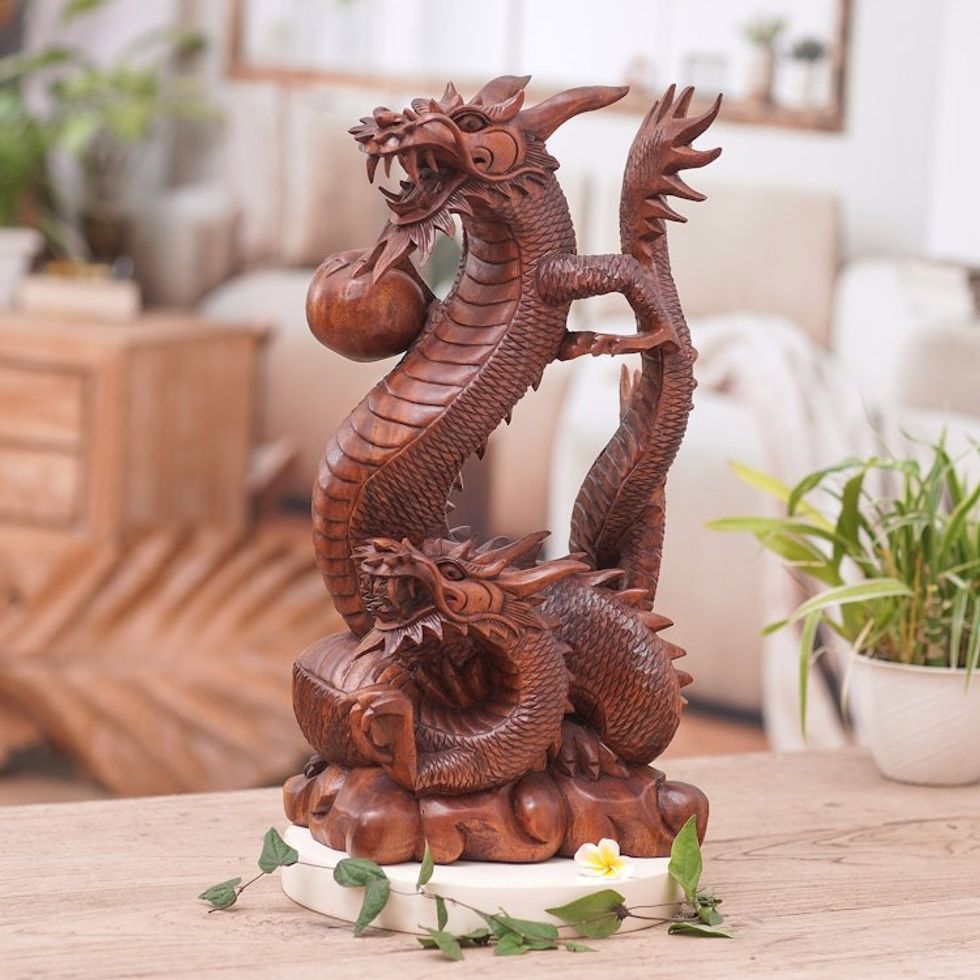 Handcrafted Wood Sculpture 'Coiling Dragons'