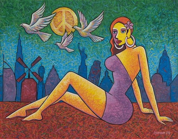Alternate image for Signed Unstretched Expressionist Acrylic Painting from Bali The Peace is Beautiful