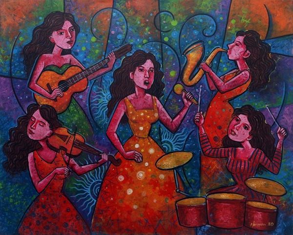Alternate image for Original Painting of a Balinese Womens Musical Group Harmony of a Concert