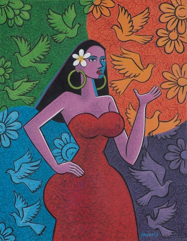 Alternate image for Signed Unstretched Expressionist and Cubist Acrylic Painting Women Want to Be at Peace