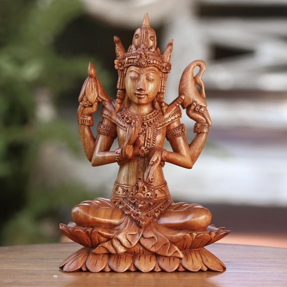 Hand-Carved Suar Wood Shiva Sculpture from Indonesia 'Praying Shiva'