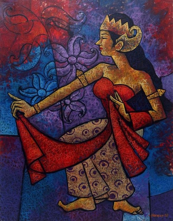 Alternate image for Original Signed Acrylic Painting of a Dancer from Java Dancing with Passion
