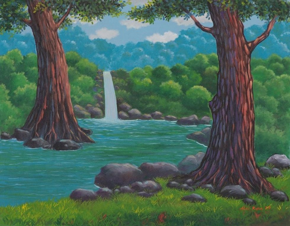 Acrylic on Canvas Landscape Painting of Waterfall from Java 'The Beauty of the River'