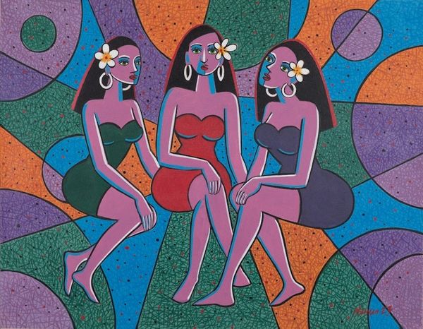 Alternate image for Signed Unstretched Cubist Acrylic Painting in Vibrant Colors Trio of Balinese Women