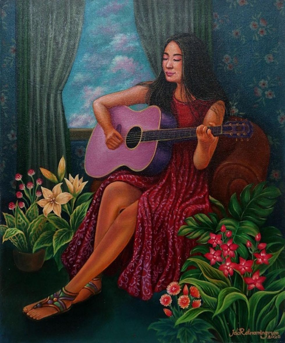 Signed Original Javanese Painting of a Woman and Her Guitar 'Niluh's Guitar'