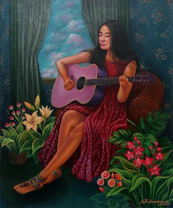 Alternate image for Signed Original Javanese Painting of a Woman and Her Guitar Niluhs Guitar
