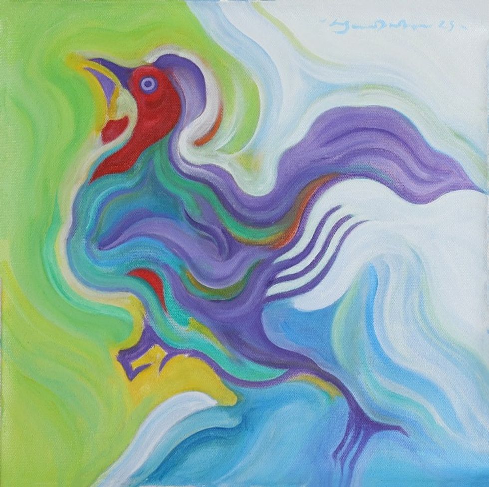 Signed Unstretched Vibrant Acrylic Rooster Painting 'The Rooster'