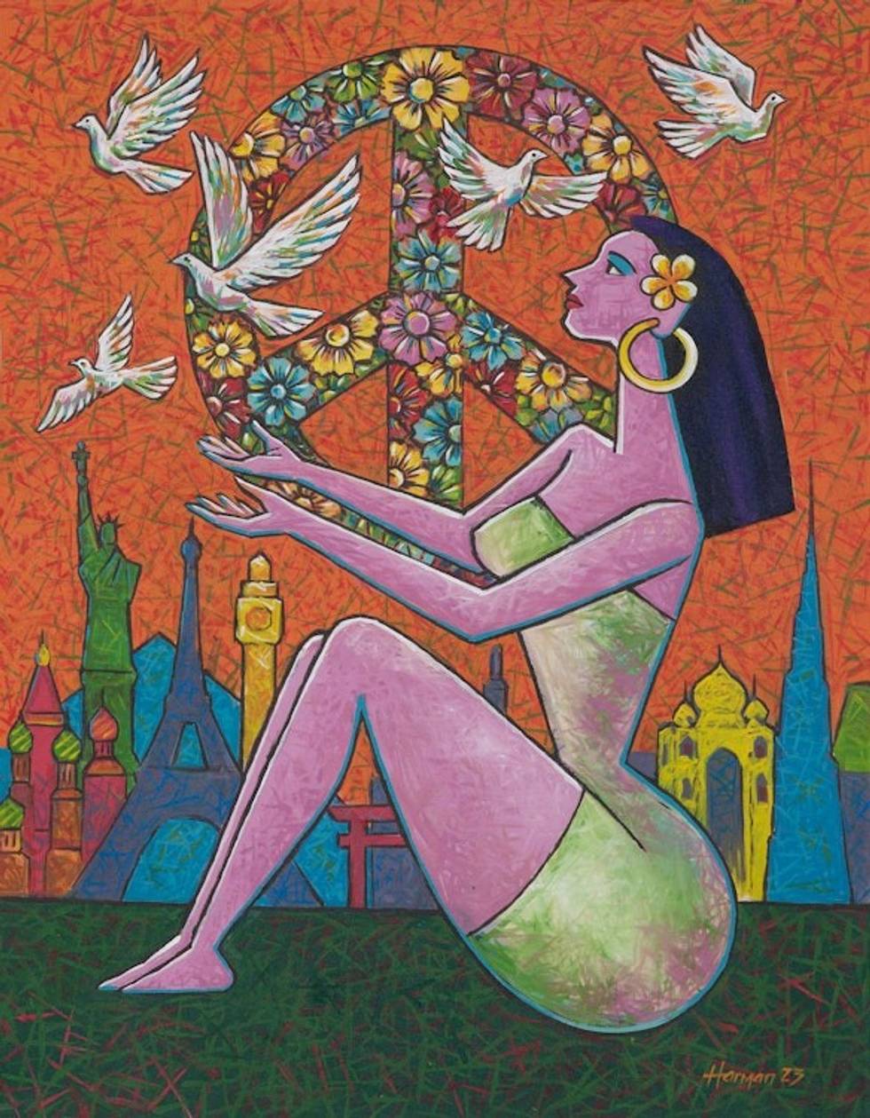 Signed Unstretched Peace-Themed Expressionist Painting 'Create a Beautiful World'