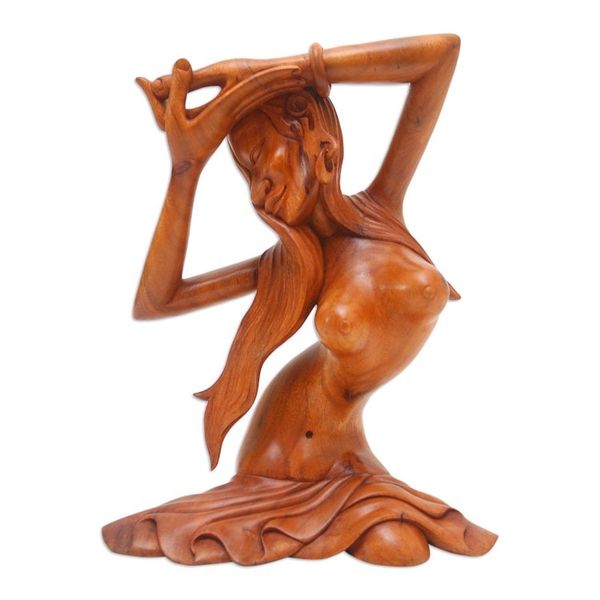 Alternate image for Hand Carved Suar Wood Woman Statuette from Bali Gadisku