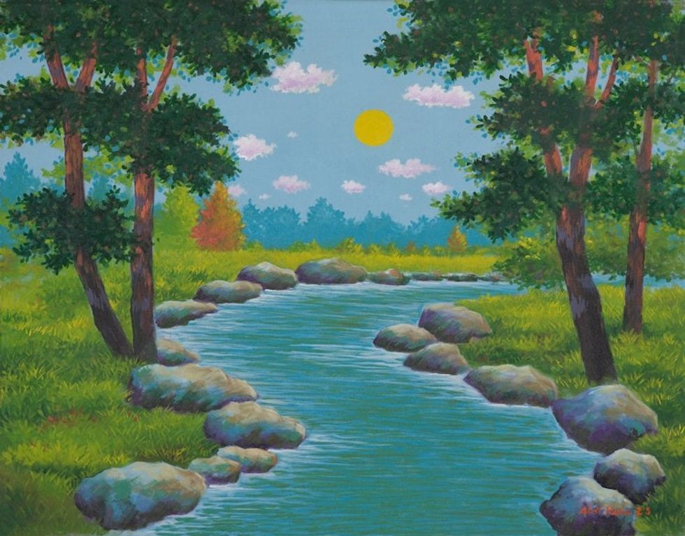 Acrylic on Canvas Landscape Painting of River from Java 'The Flowing Road'