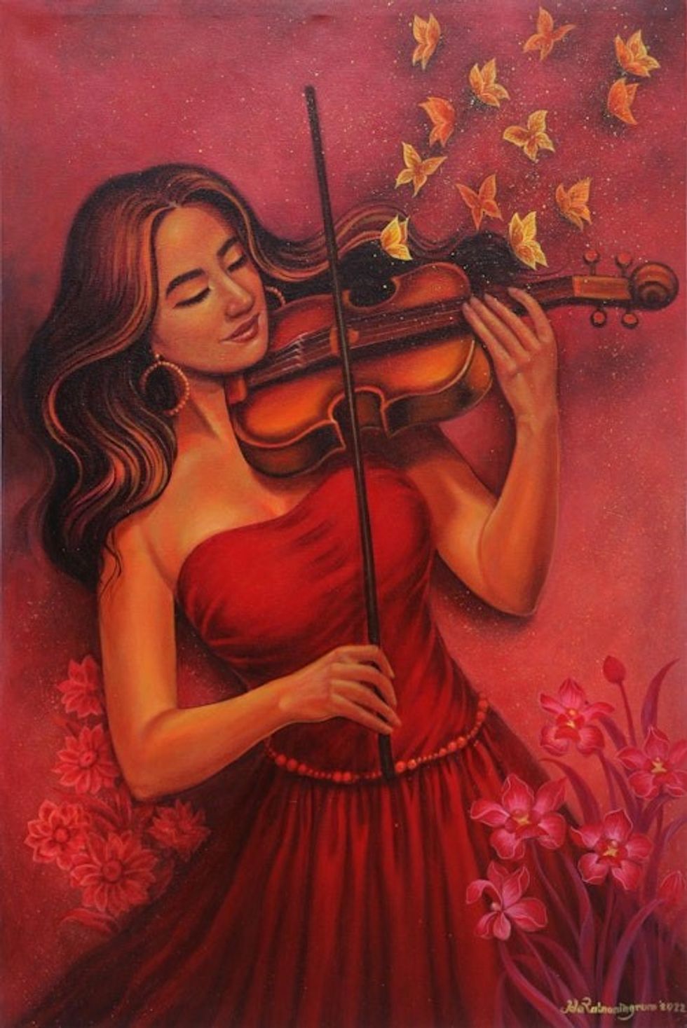 Balinese Realist Painting of Violinist in Red Dress 'Peace of Symphony'