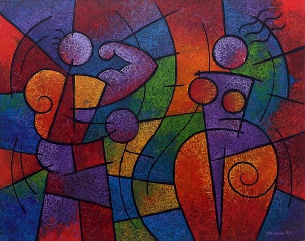 Alternate image for Cubist Abstract Portrait of a Couple in Jewel Colors Man and Woman