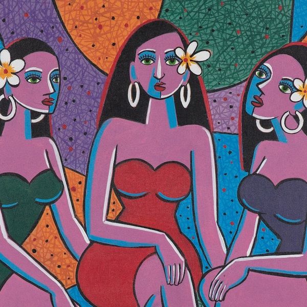 Alternate image for Signed Unstretched Cubist Acrylic Painting in Vibrant Colors Trio of Balinese Women