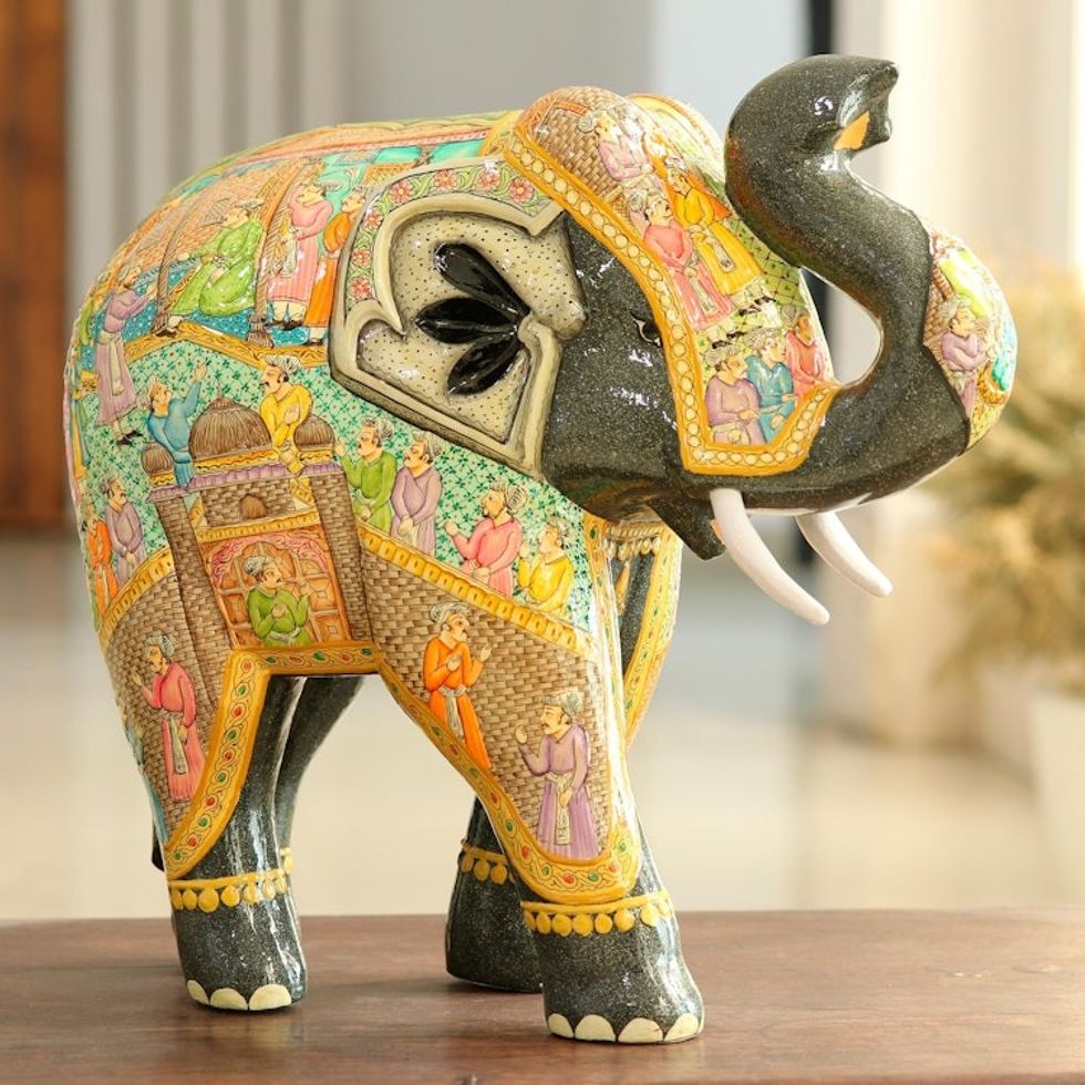 Hand Painted Papier Mache Elephant Sculpture 14 Inch 'Mughal Elephant'