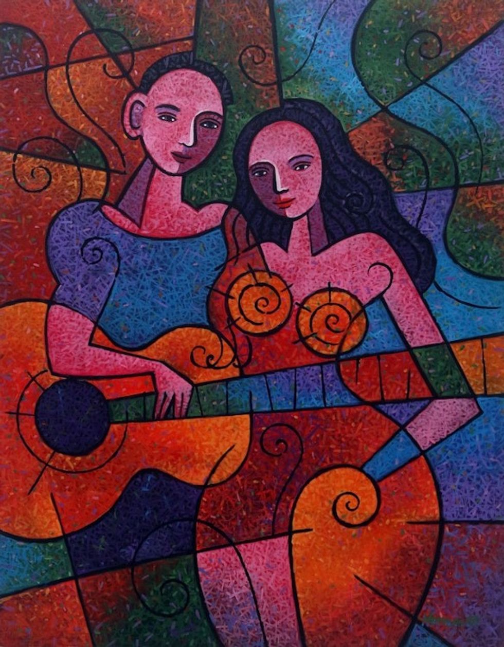 Signed Original Cubist Fine Art Painting from Java 'Intimacy'