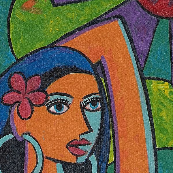 Alternate image for Signed Unstretched Tropical Cubist Acrylic Painting Strong Women