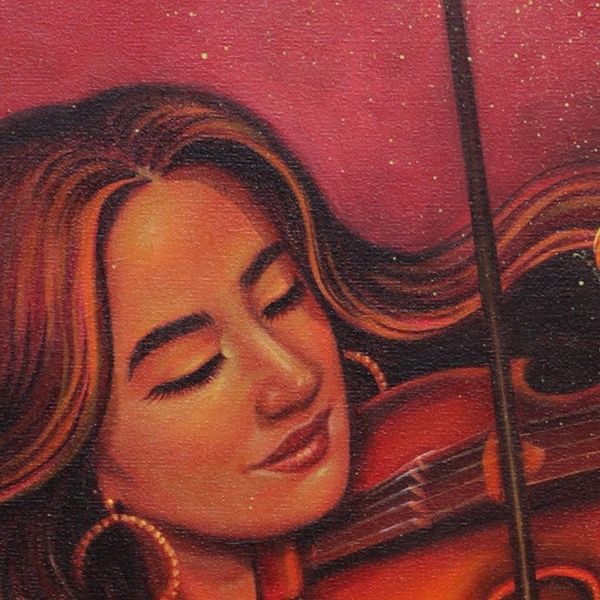 Alternate image for Balinese Realist Painting of Violinist in Red Dress Peace of Symphony