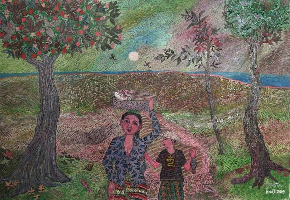 Signed Naif Painting of Two Villagers 2019 'Fishing'